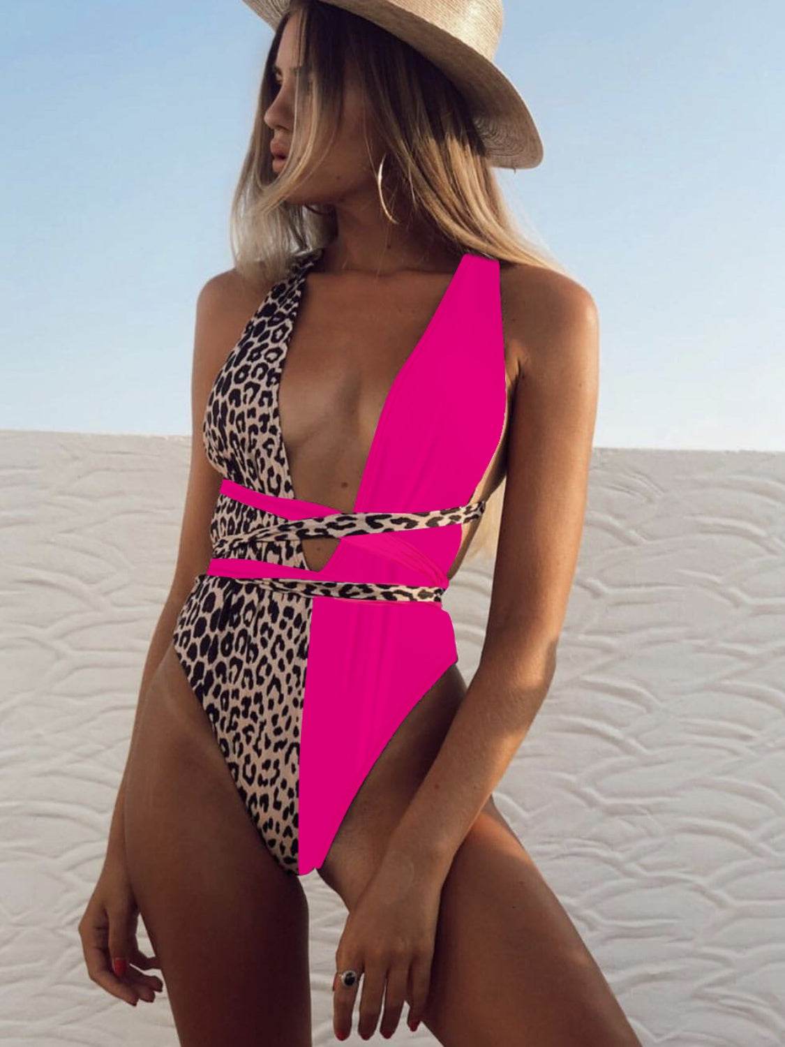 Tied Leopard Plunge One-Piece Swimwear - Velveta Studio