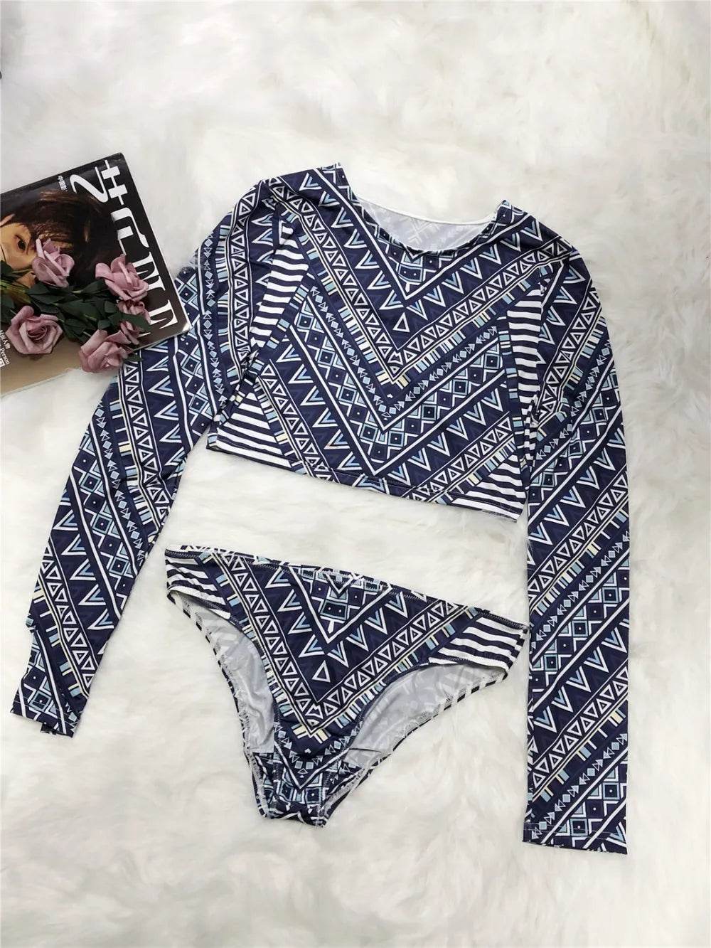 Printed Long Sleeve Top and Brief Swim Set - Velveta Studio