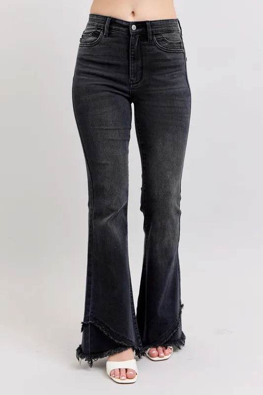 Full Size High Waist Flare W/ Mock Fray Tulip Hem Plus Size - Velveta Studio