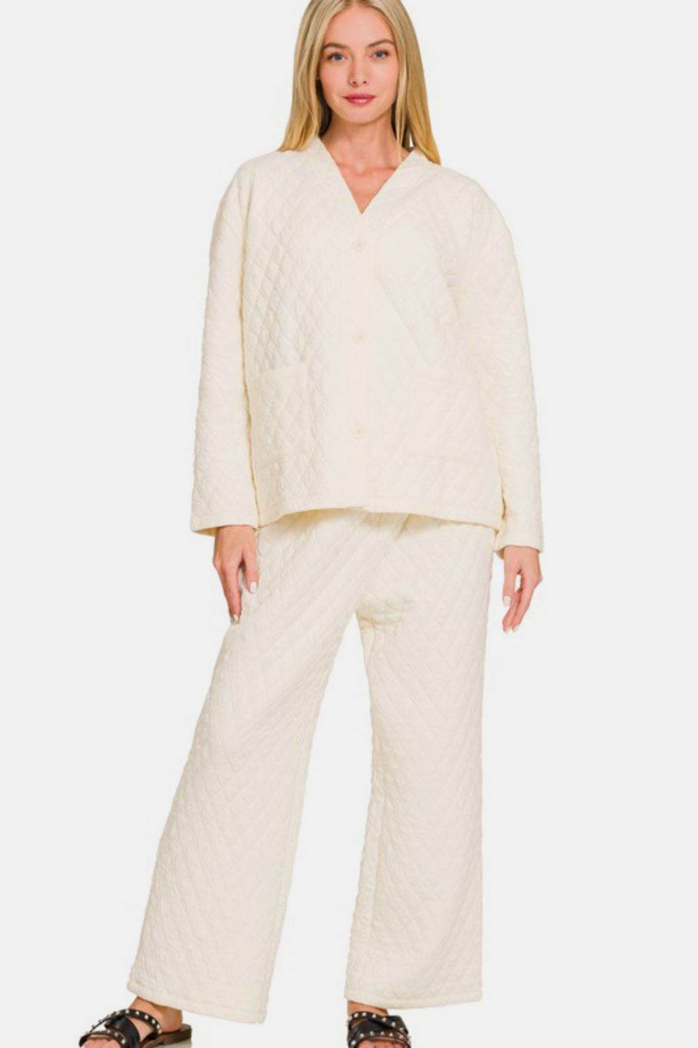 Zenana Quilted Button Up Long Sleeve Top and Pants Lounge Set - Velveta Studio