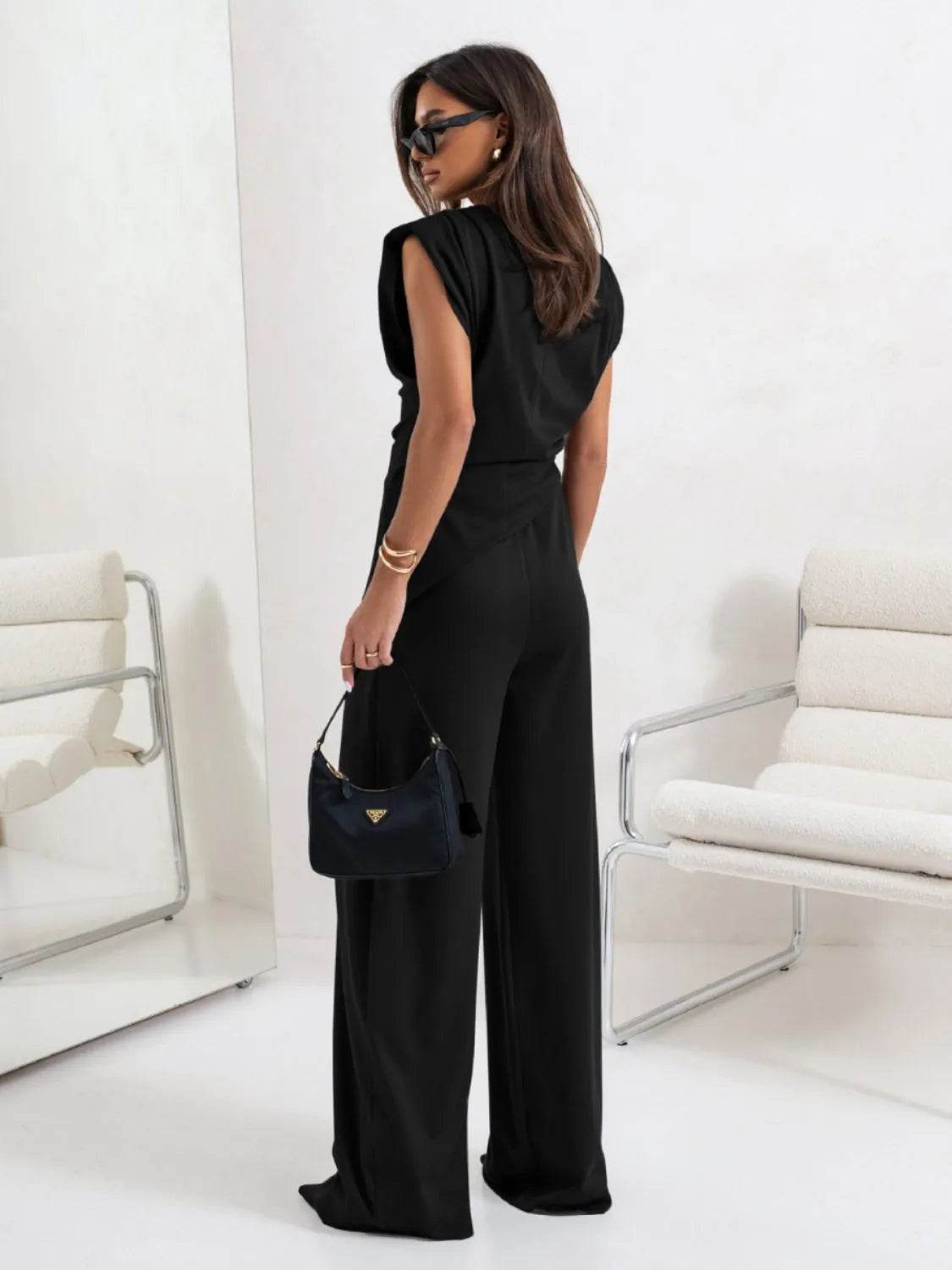 Slit Ruched Top and Wide Leg Pants Set - Velveta Studio