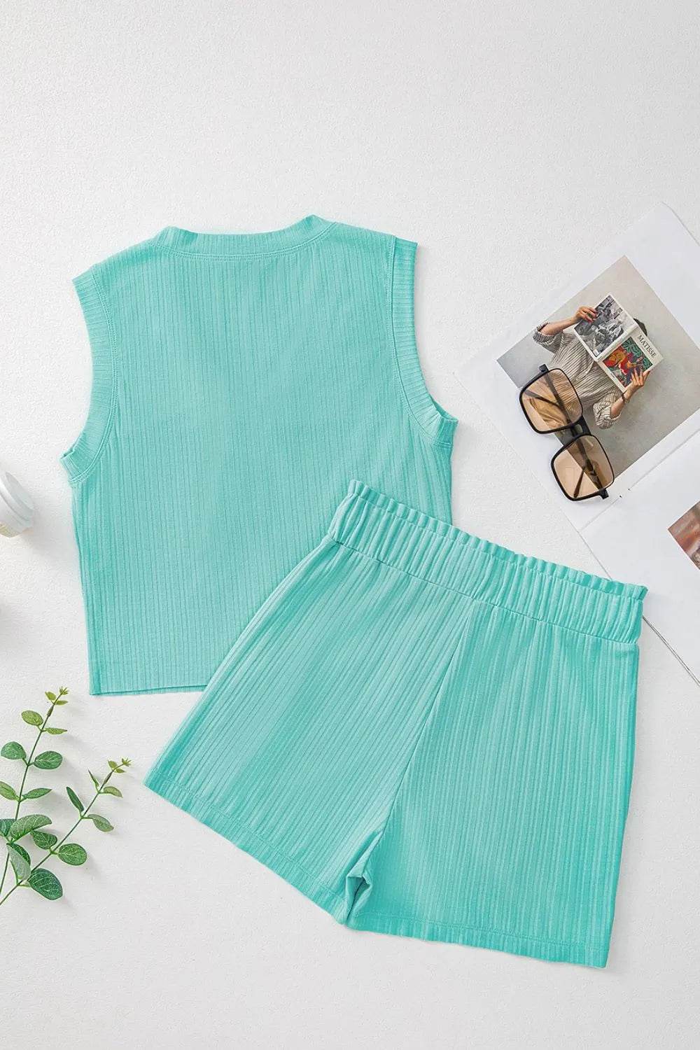 Ribbed Button V Neck Tank Top and Shorts Set - Velveta Studio