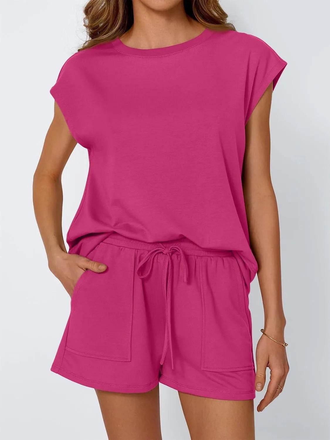 Round Neck Cap Sleeve Top and Shorts Set - Velveta Studio