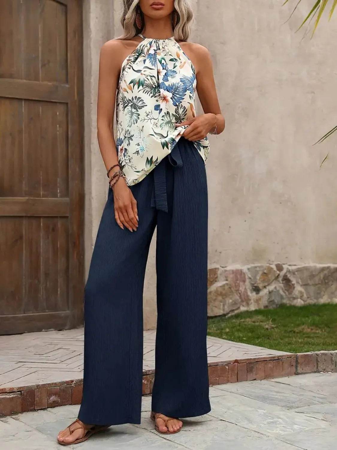 Printed Tank Top and Wide Leg Pants Set - Velveta Studio