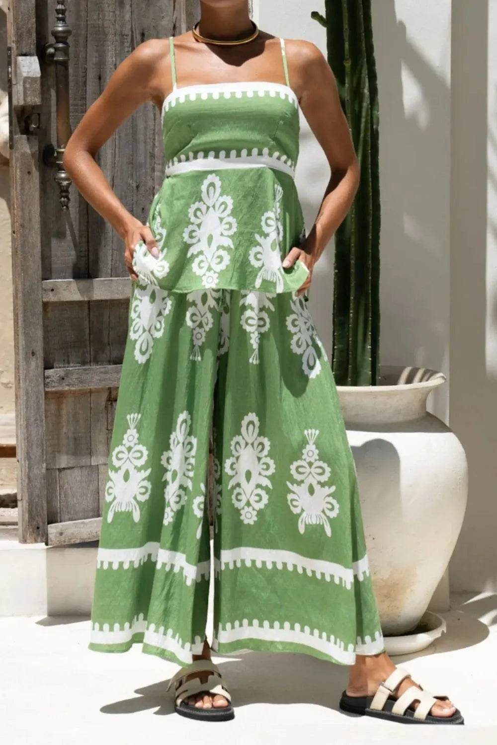 Printed Square Neck Cami and Wide Leg Pants Set - Velveta Studio