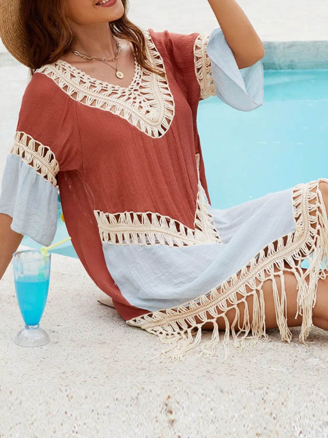 Backless Tassel Hem V-Neck Cover-Up - Velveta Studio
