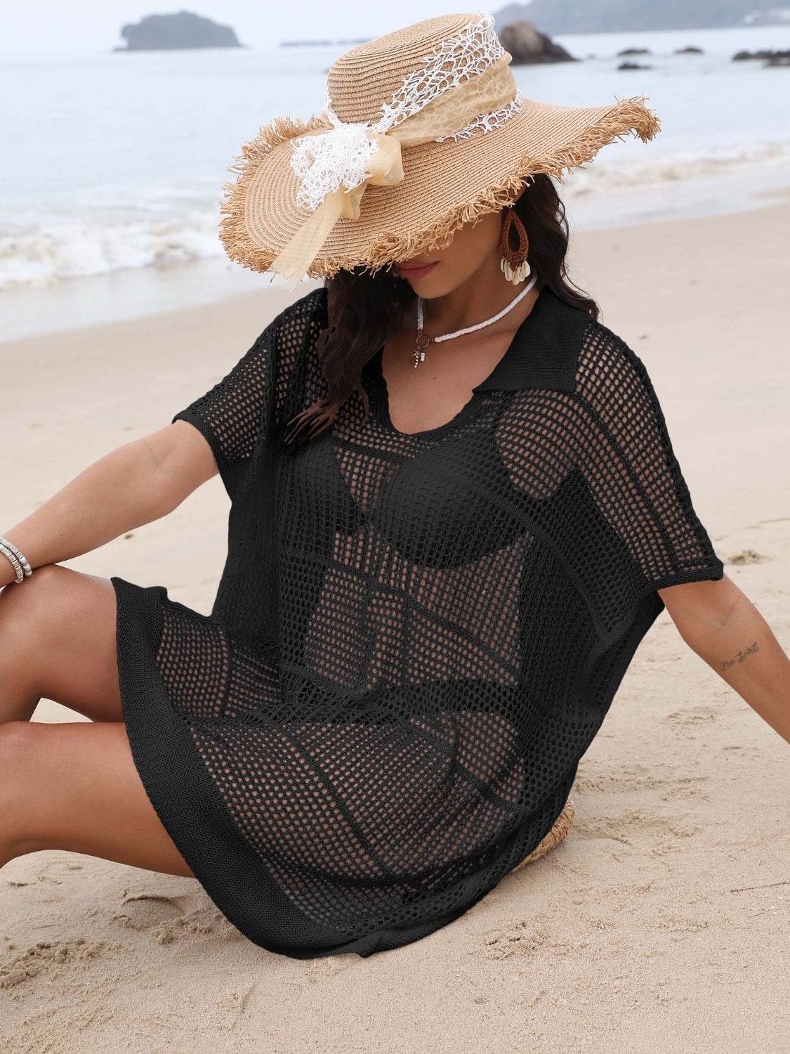 Hollow Out Collared Neck Cover-Up - Velveta Studio