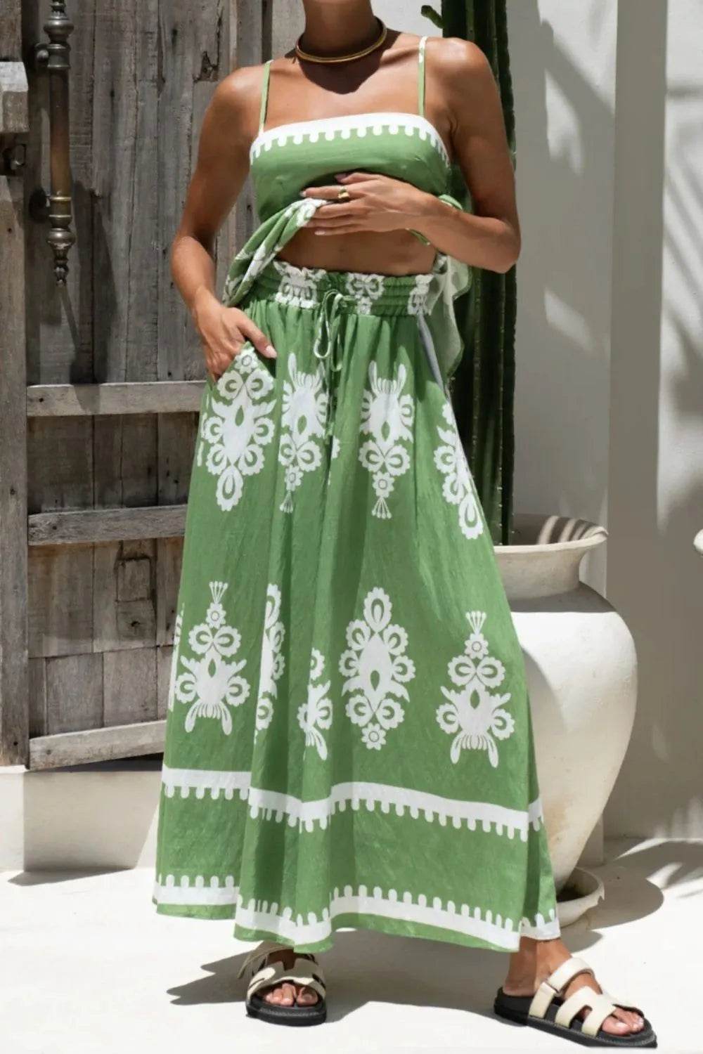 Printed Square Neck Cami and Wide Leg Pants Set - Velveta Studio