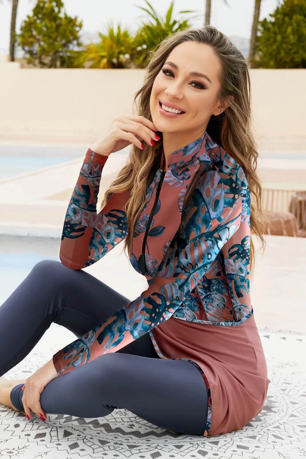 Cap, Printed Long Sleeve Swimwear, Pants and Mini Skirt Four-Piece Swim Set - Velveta Studio