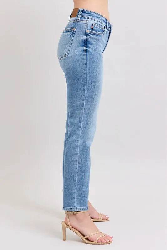 Mid Rise Vintage Wash Slim Jeans with Cell Phone Pocket Plus Size - Velveta Studio