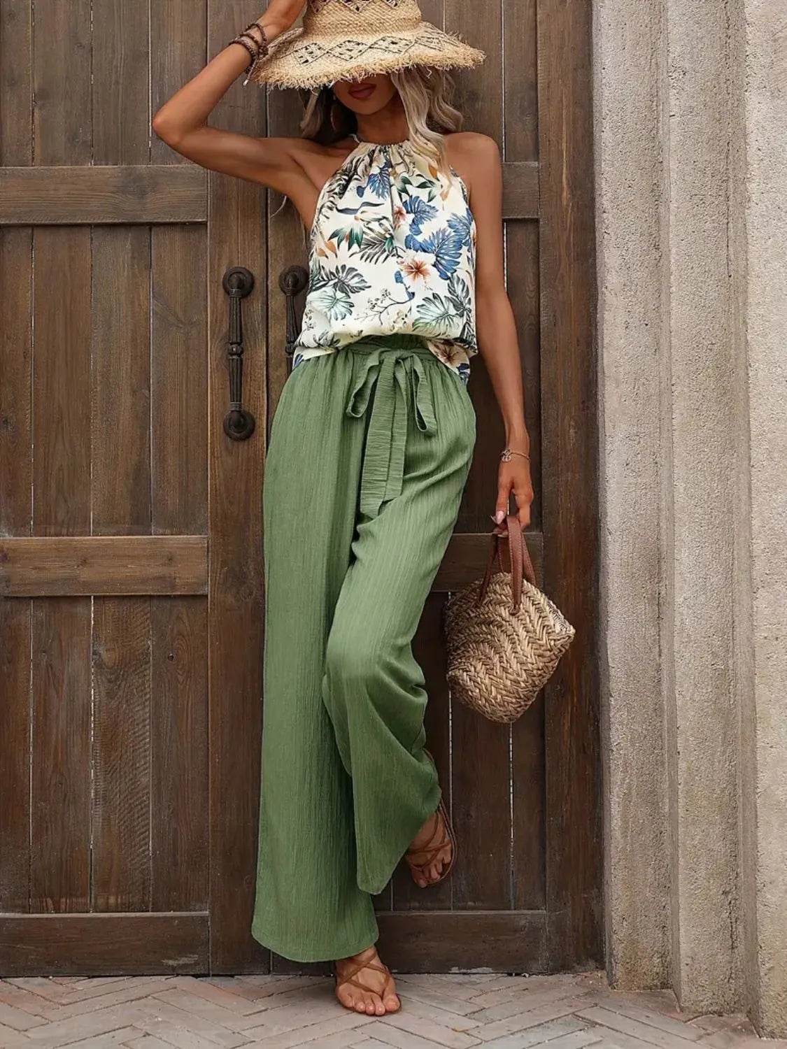 Printed Tank Top and Wide Leg Pants Set - Velveta Studio