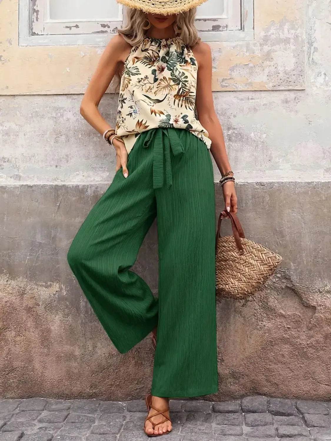 Printed Tank Top and Wide Leg Pants Set - Velveta Studio