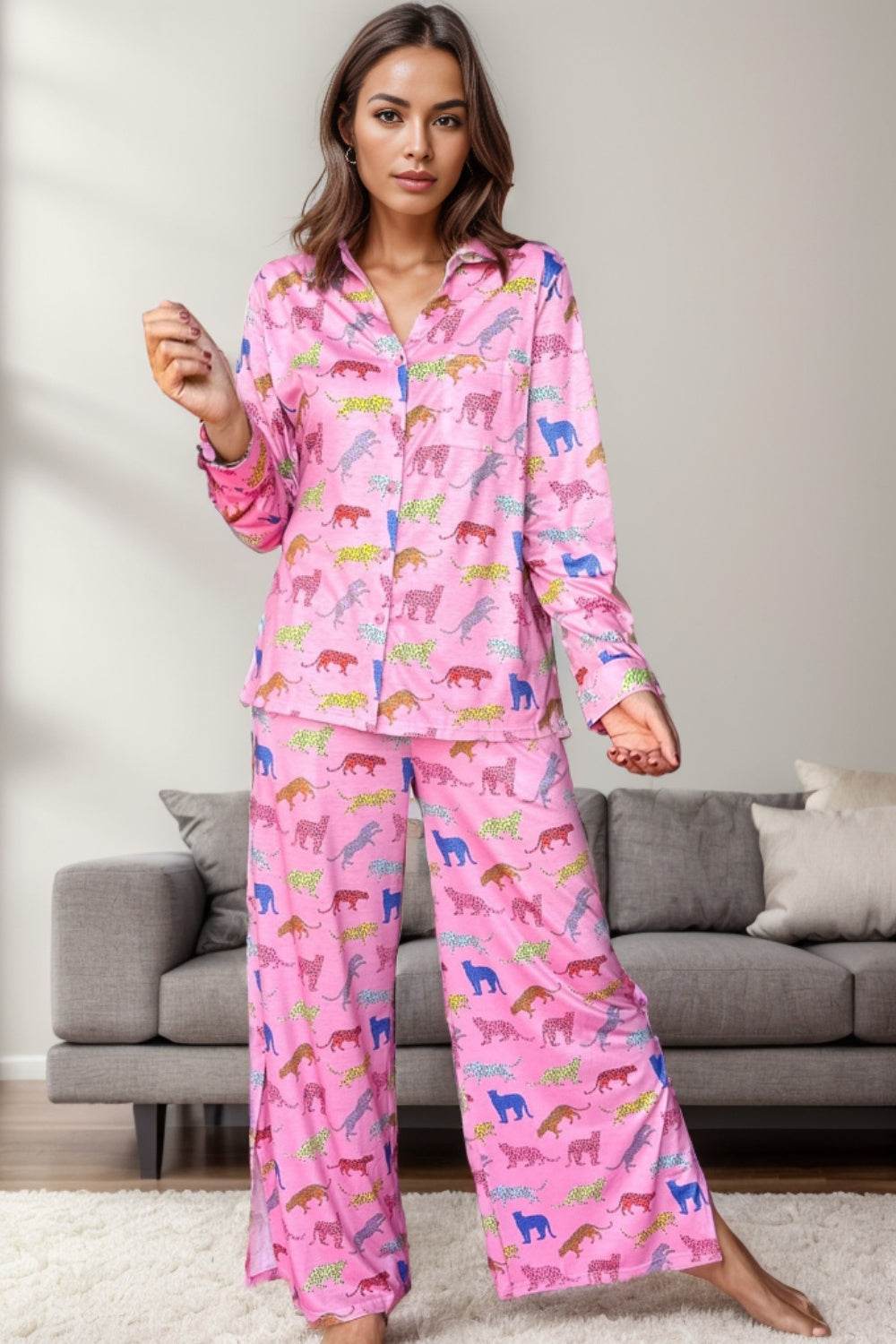 Pocketed Printed Top and Pants Lounge Set - Velveta Studio