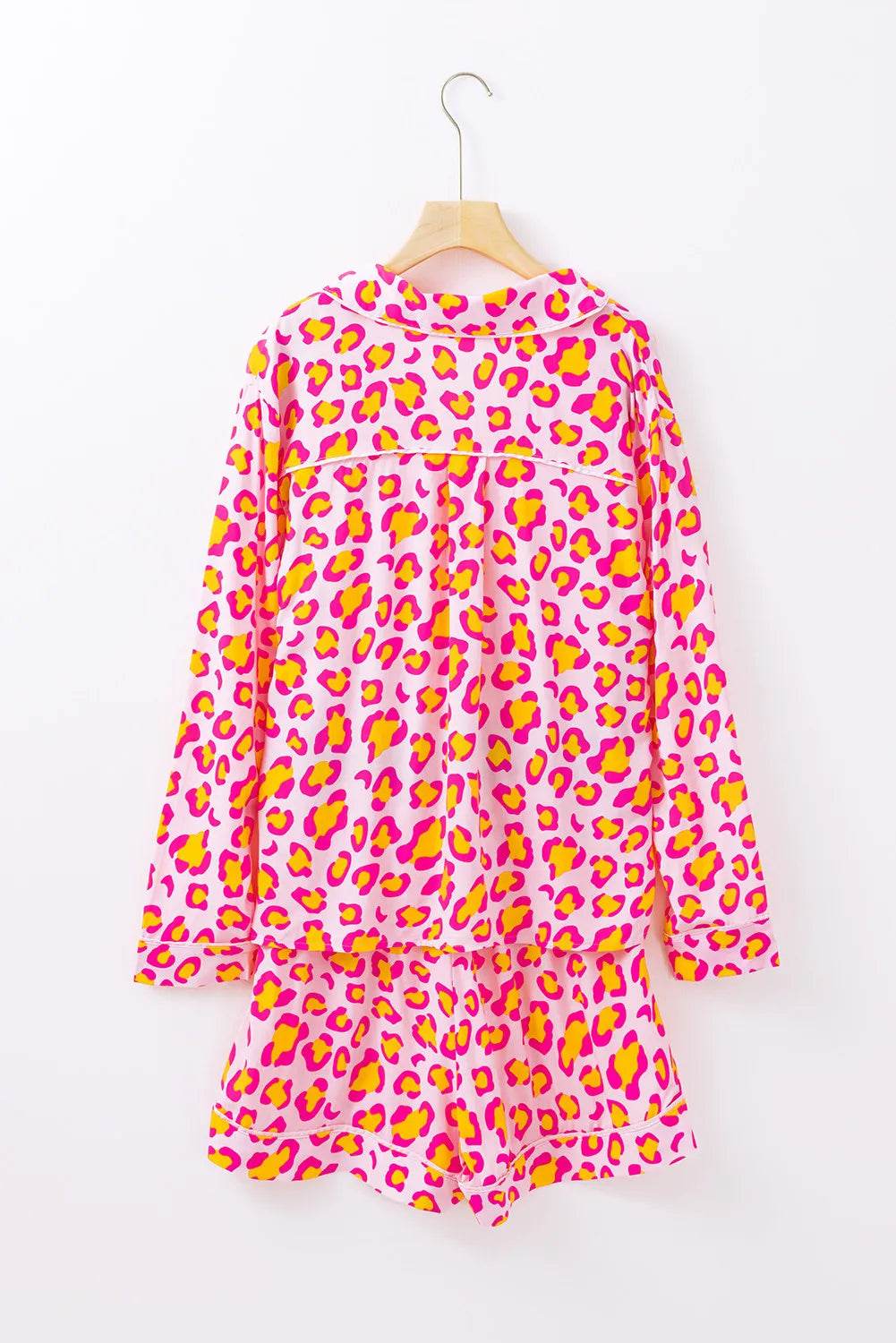 Leopard Collared Neck Long Sleeve Top and Shorts Lounge Set - Velveta Studio