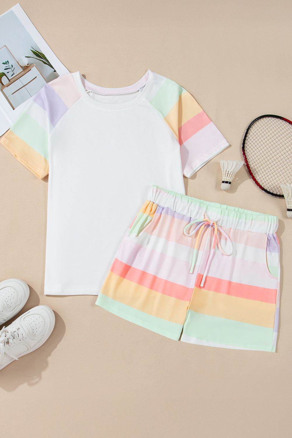 Rainbow Striped Round Neck T Shirt and Shorts Lounge Set - Velveta Studio