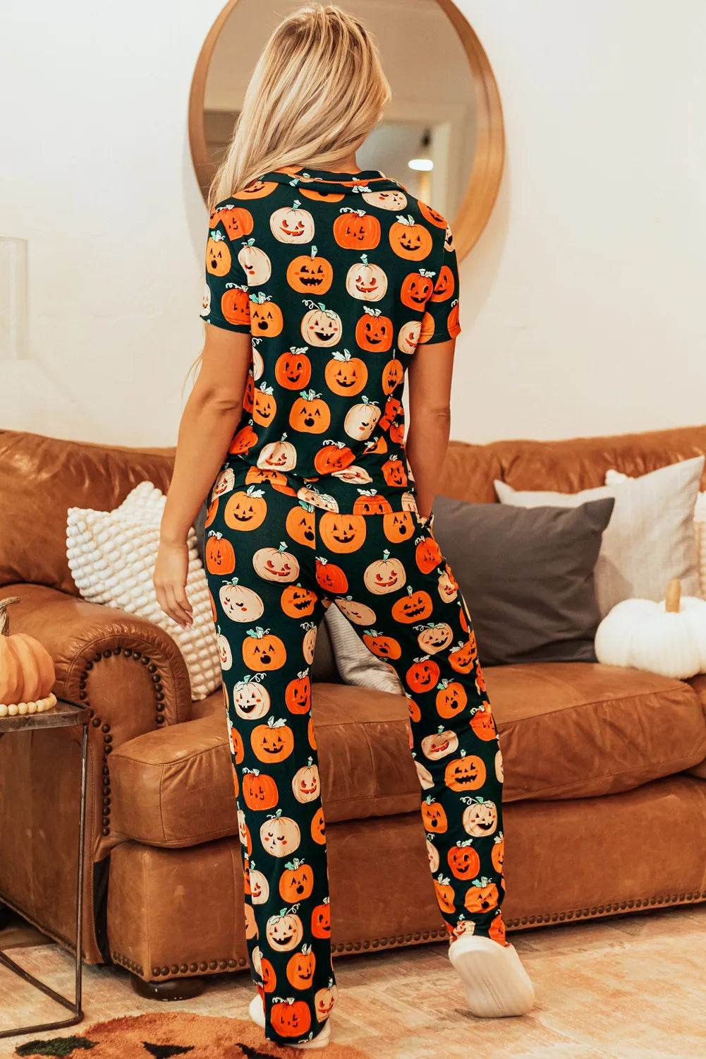 Pumpkin Printed Short Sleeve Top and Pants Lounge Set - Velveta Studio