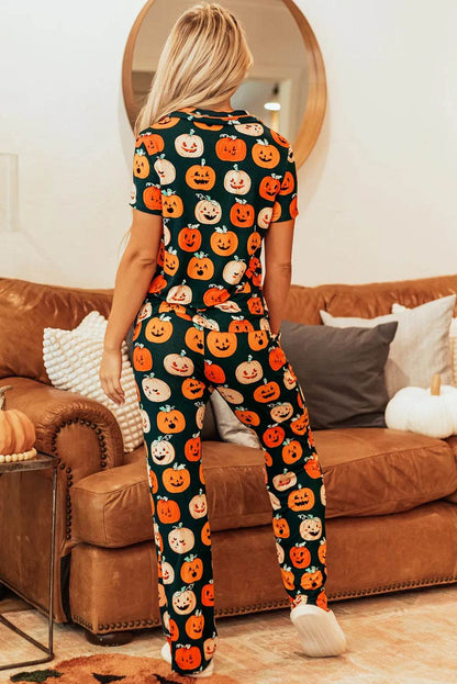 Pumpkin Printed Short Sleeve Top and Pants Lounge Set - Velveta Studio