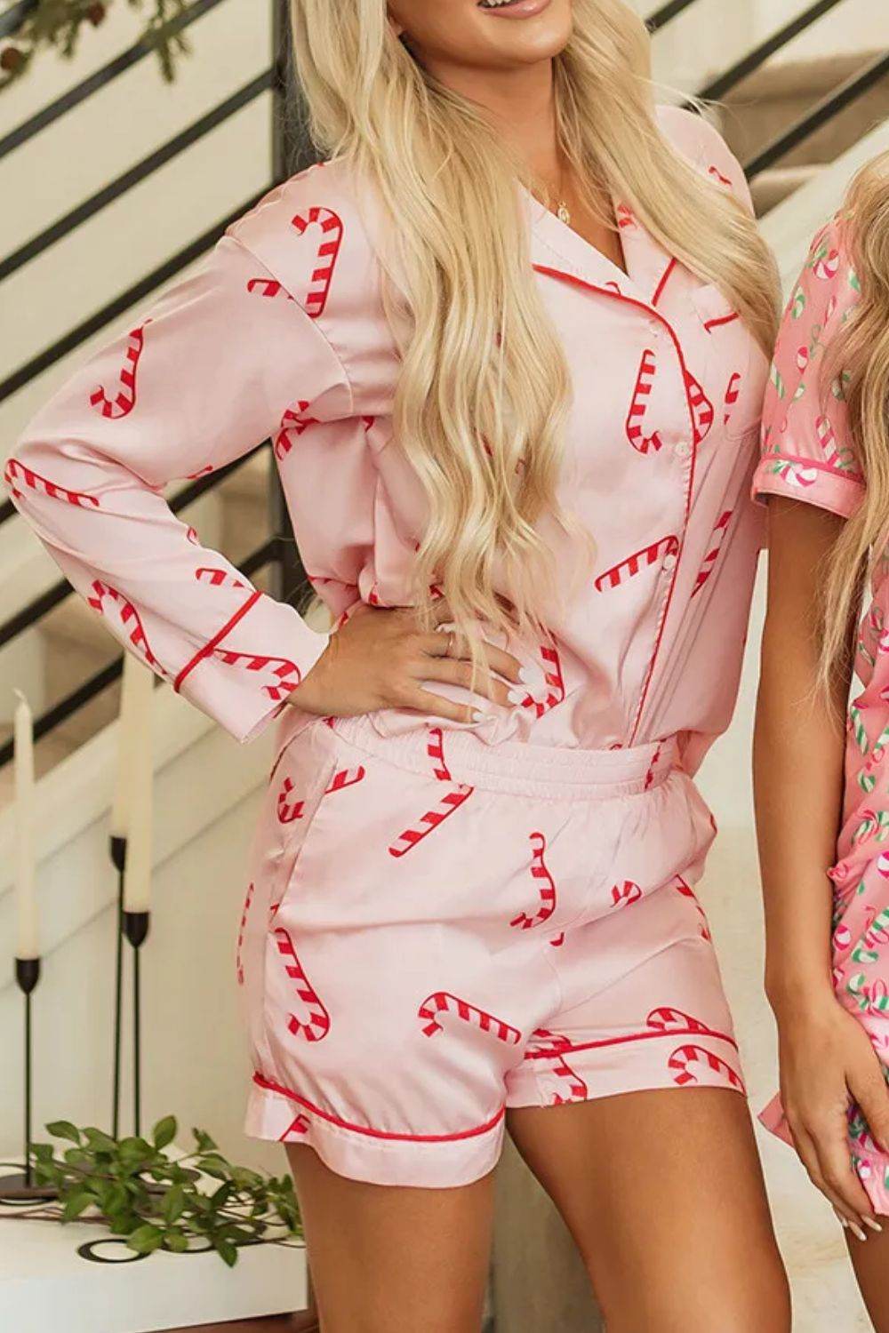 Candy Cane Collared Neck Long Sleeve Top and Shorts Lounge Set - Velveta Studio