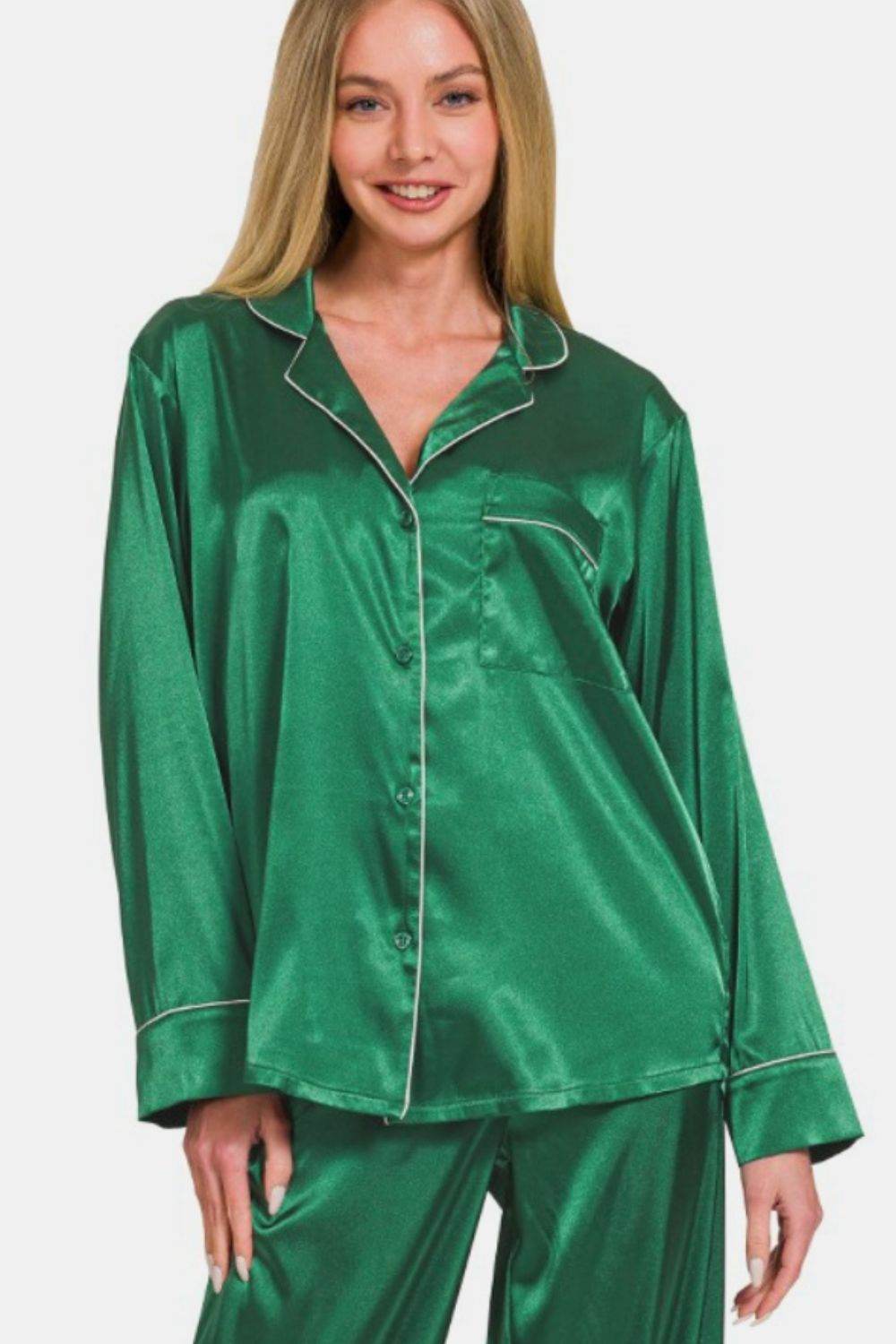 Zenana Satin Long Sleeve Shirt and Pants Pajama Set - Velveta Studio