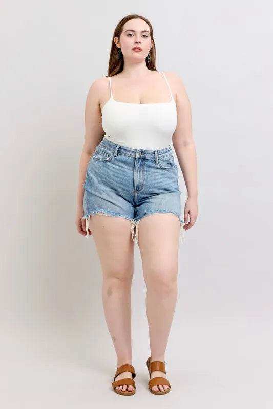 Judy Blue Plus Size HW Rigid Magic Destroy Cut Off Denim Shorts - Velveta Studio