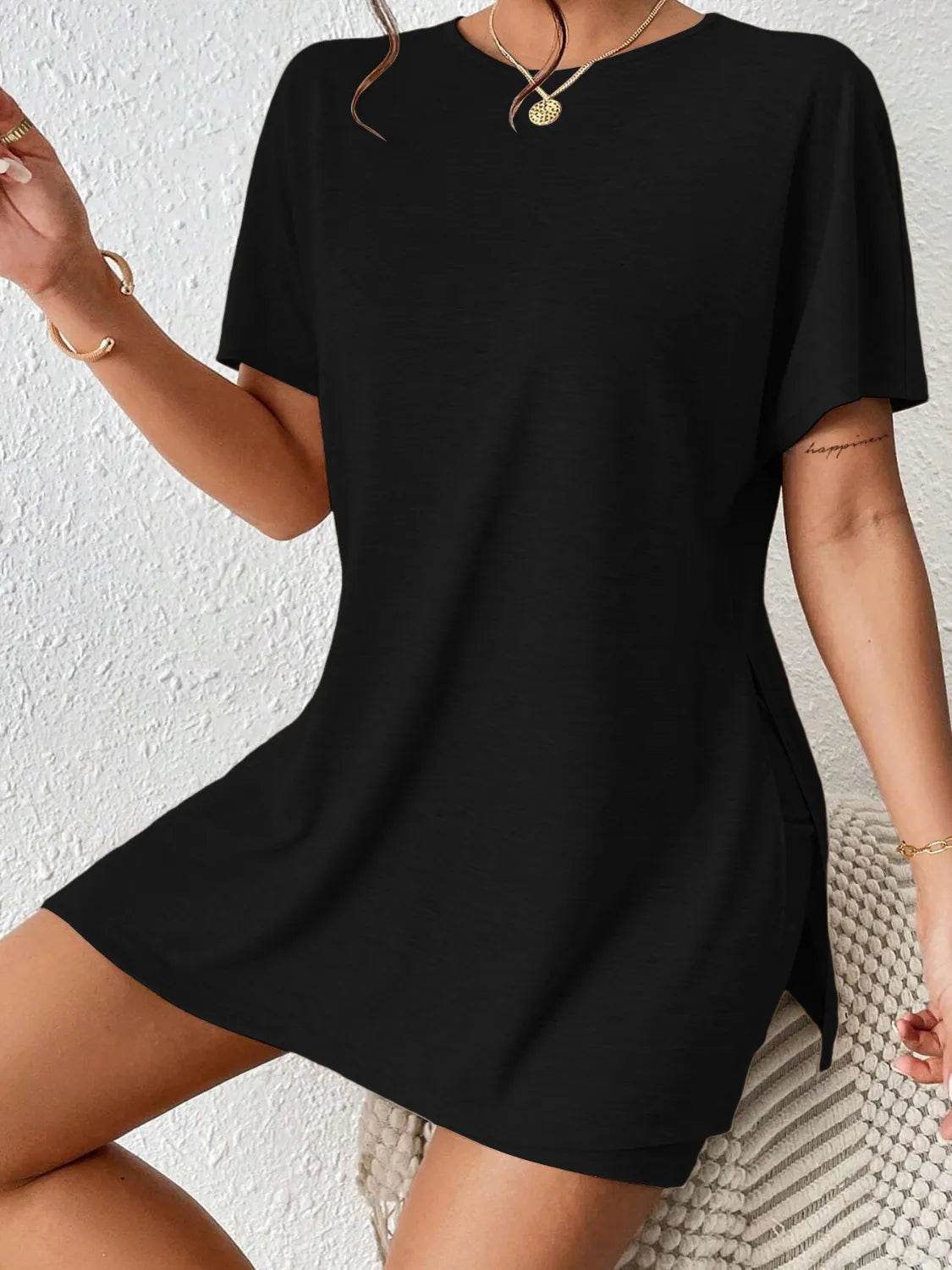 Slit Round Neck Short Sleeve Oversized Top and Shorts Set - Velveta Studio