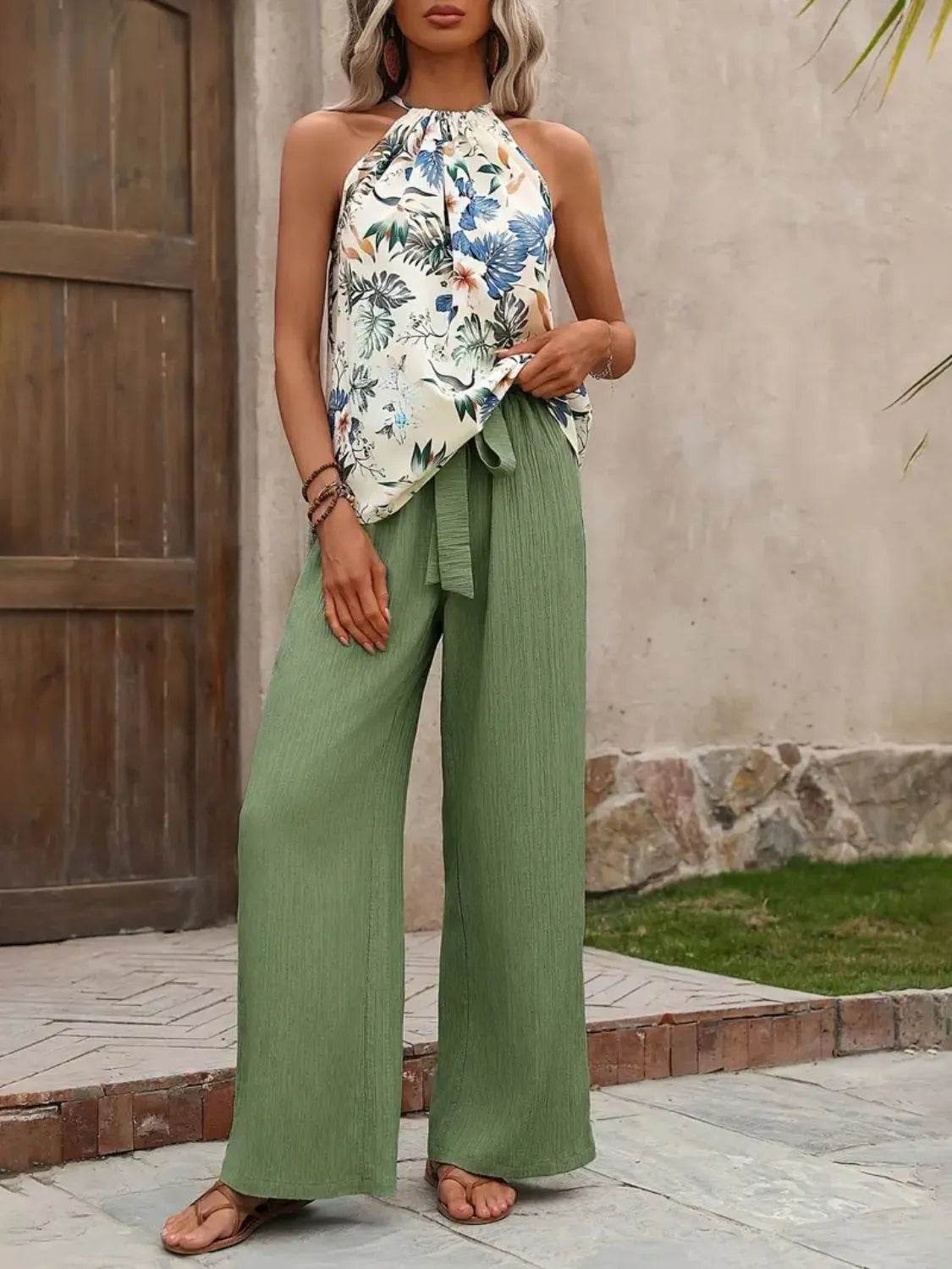 Printed Tank Top and Wide Leg Pants Set - Velveta Studio