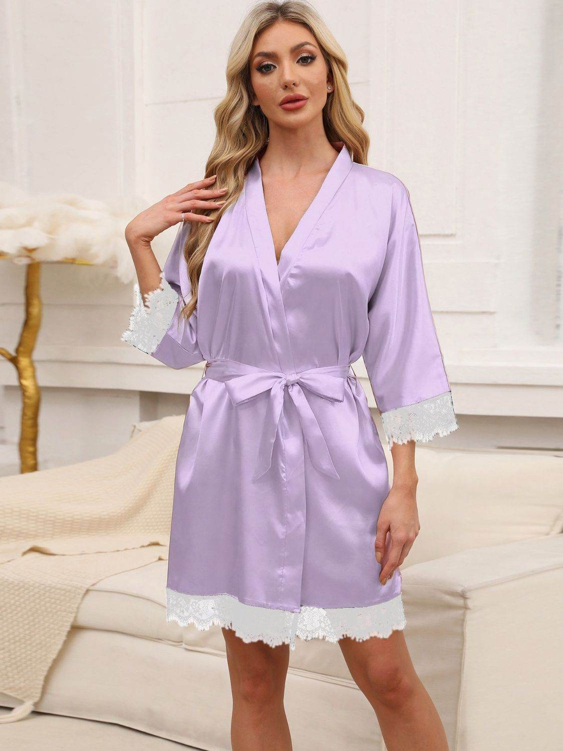Tied Lace Detail Three-Quarter Sleeve Lounge Nightgown - Velveta Studio