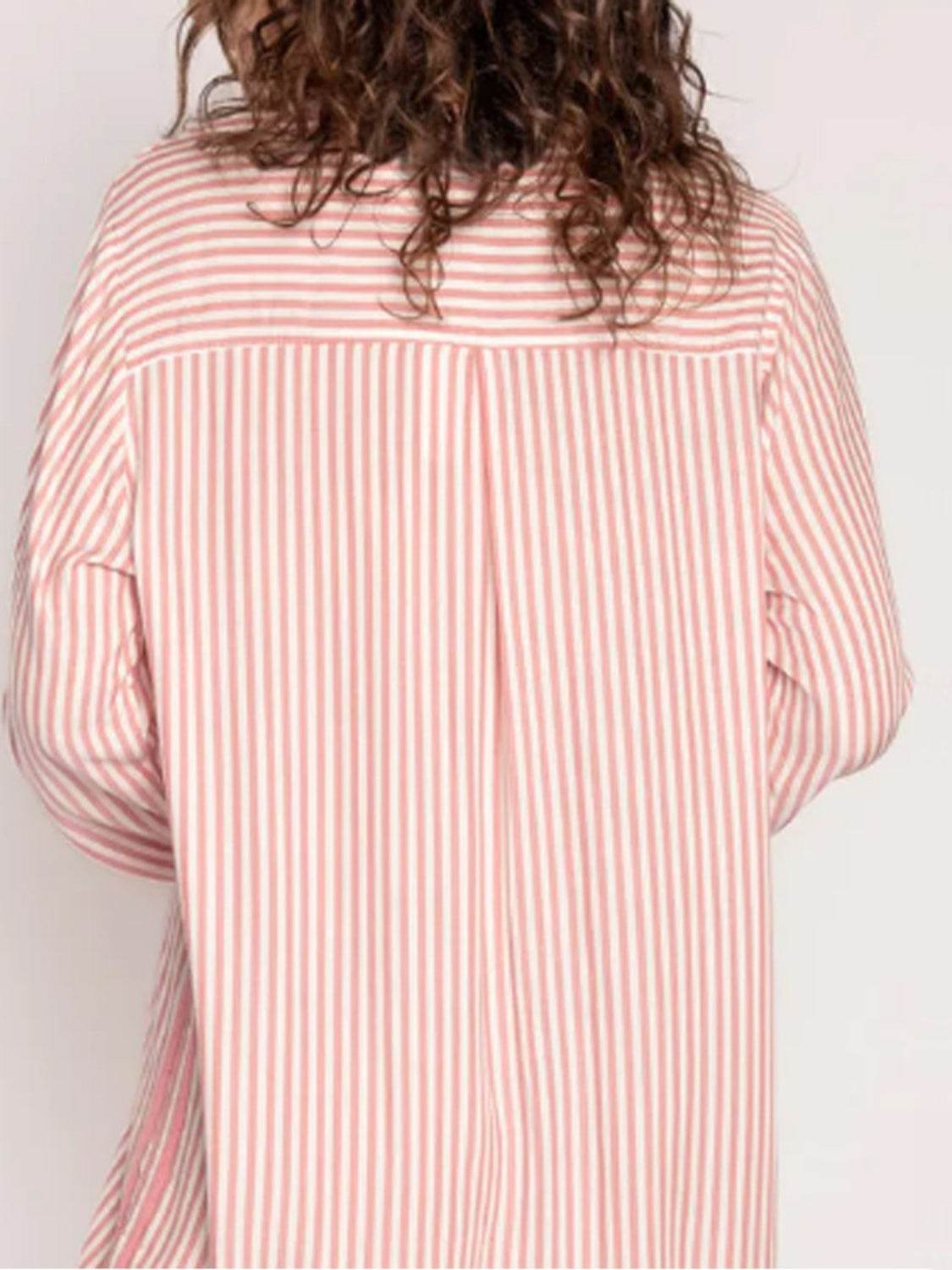 Striped Collared Neck Long Sleeve Top and Shorts Lounge Set - Velveta Studio