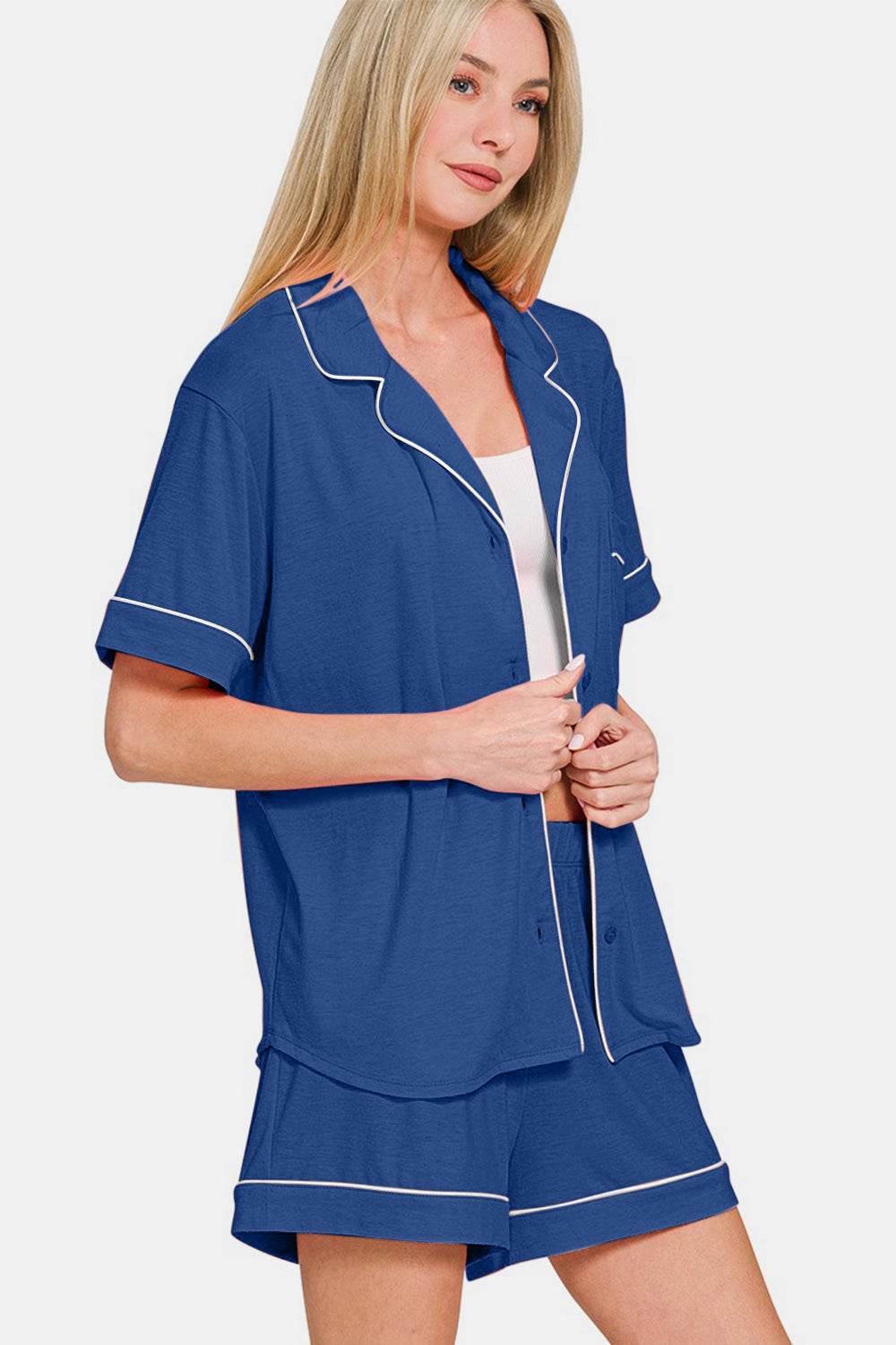 Zenana Button Down Short Sleeve Top and Shorts Lounge Set - Velveta Studio