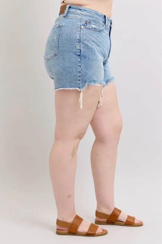 Judy Blue Plus Size HW Rigid Magic Destroy Cut Off Denim Shorts - Velveta Studio