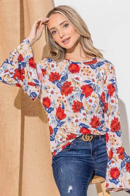 And The Why Floral Printed Bell Sleeve Casual Top - Velveta Studio