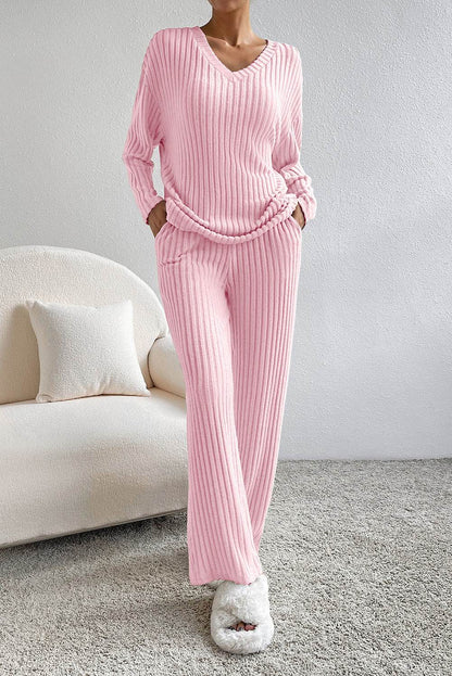 Ribbed V-Neck Top and Pants Lounge Set - Velveta Studio