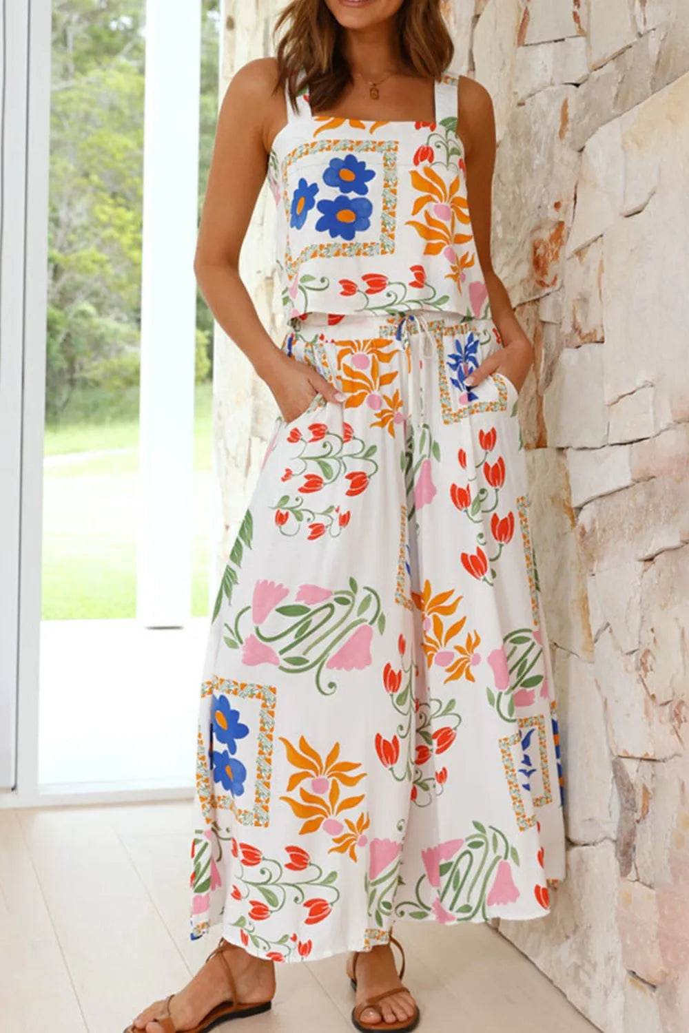 Printed Square Neck Top and Pants Set - Velveta Studio