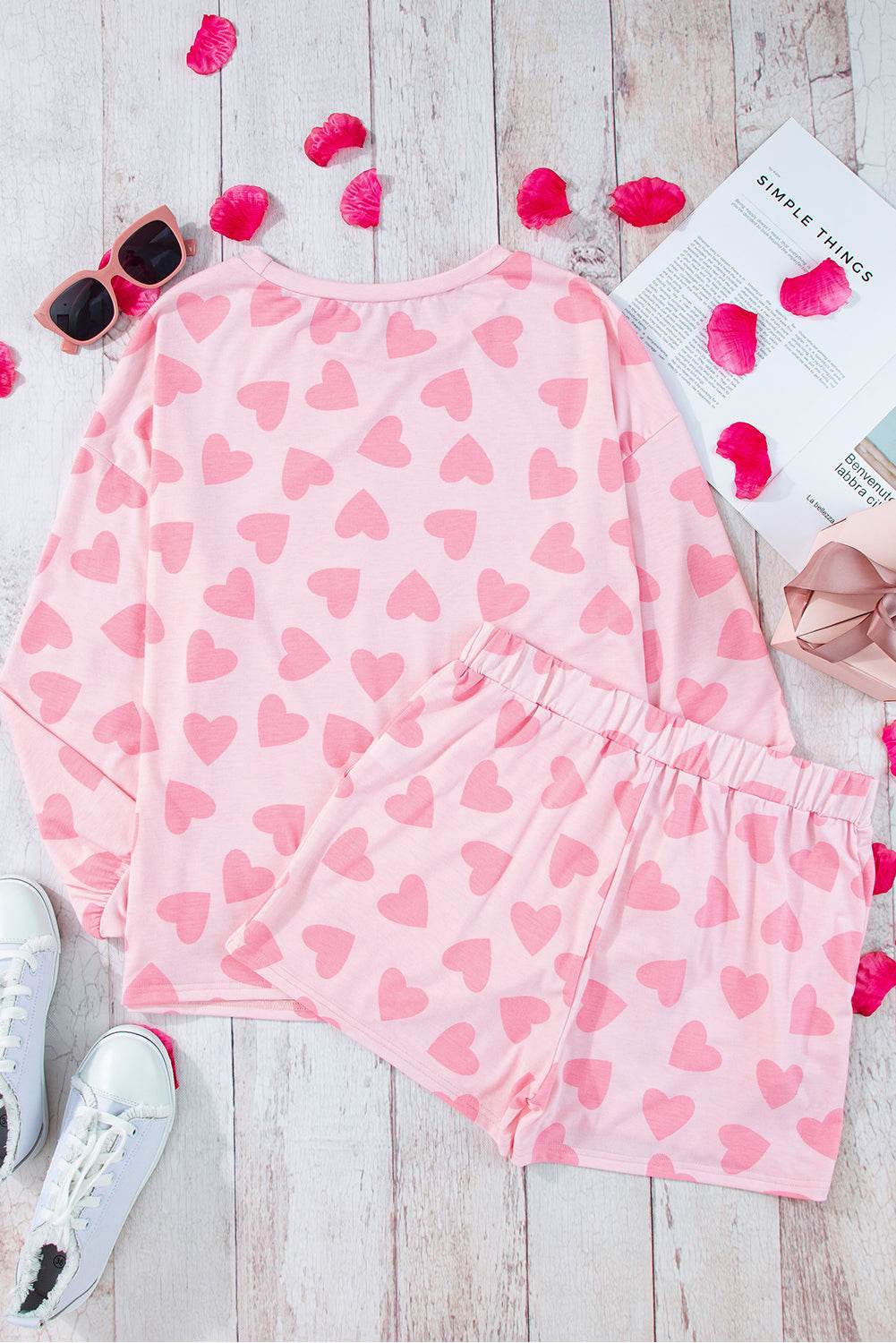 Heart Print Long Sleeve Top and Shorts Lounge Set - Velveta Studio