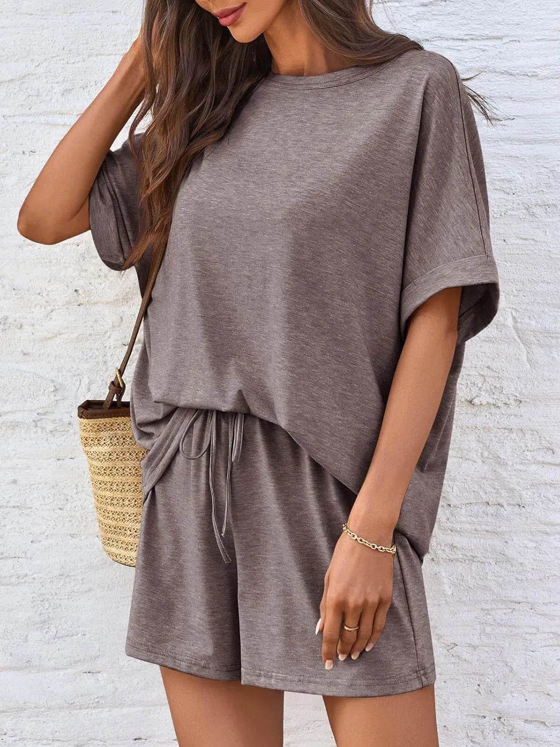 Round Neck Short Sleeve Top and Shorts Set - Velveta Studio