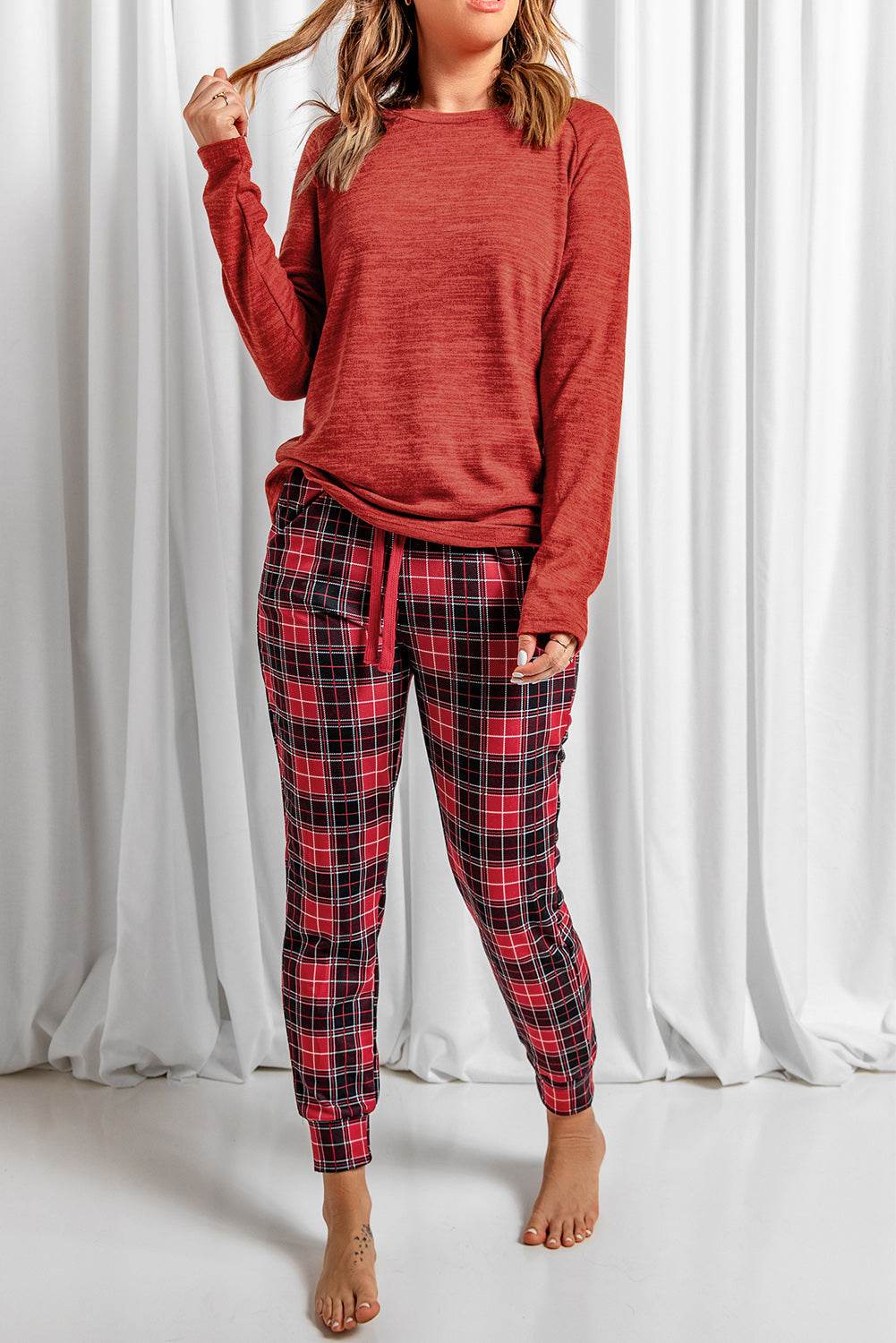 Round Neck Top and Drawstring Plaid Pants Lounge Set - Velveta Studio