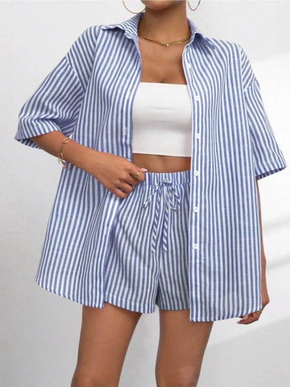 Striped Button Up Shirt and Shorts Set - Velveta Studio