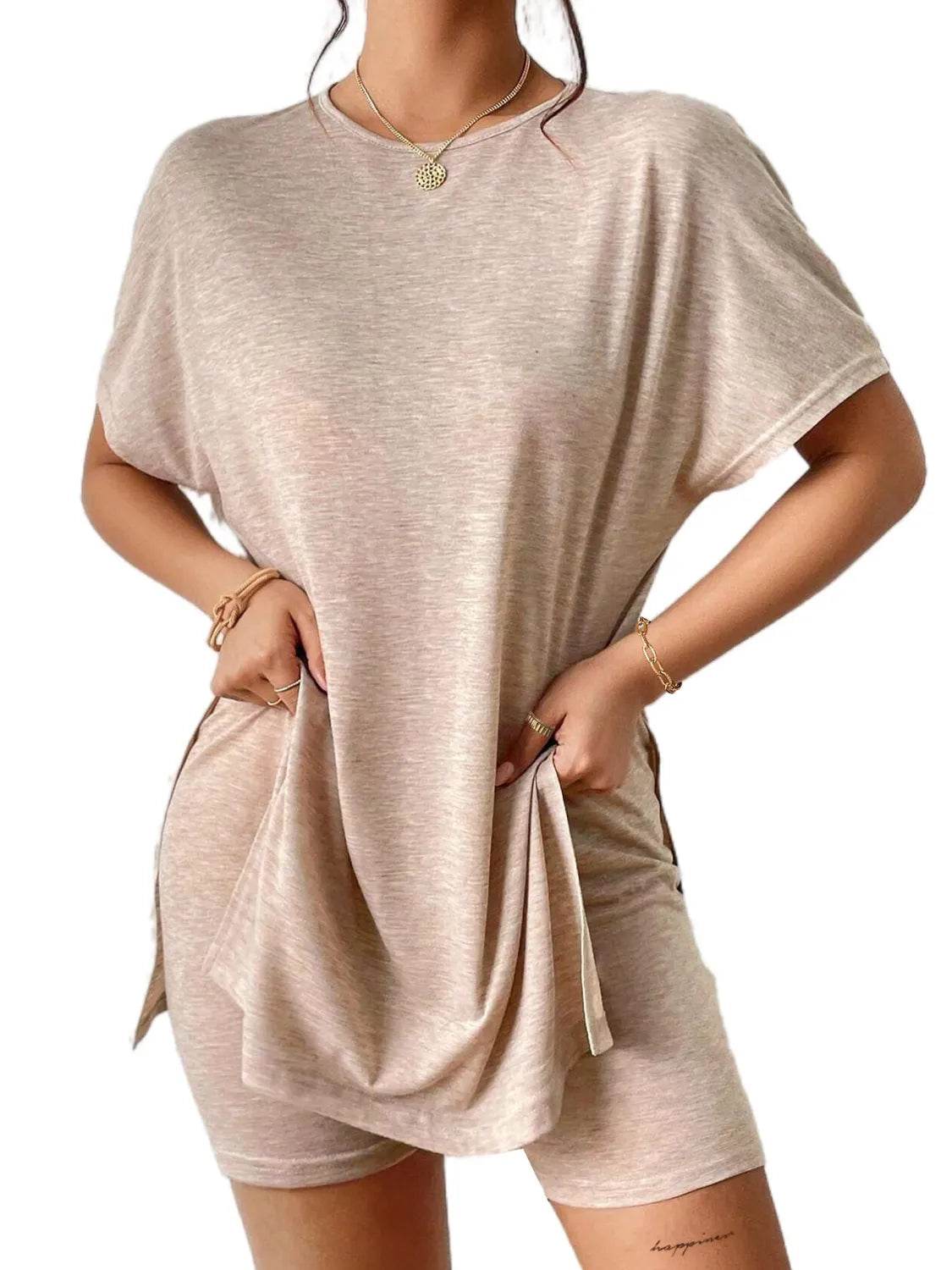 Slit Round Neck Short Sleeve Oversized Top and Shorts Set - Velveta Studio