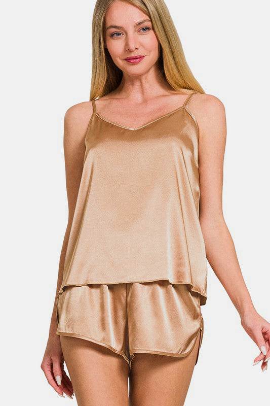 Zenana V-Neck Satin Cami and Elastic Waist Shorts Lounge Set - Velveta Studio