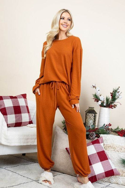 Super Lady Full Size Fuzzy Hacci Brush Round Neck Top and Pants Lounge Set - Velveta Studio