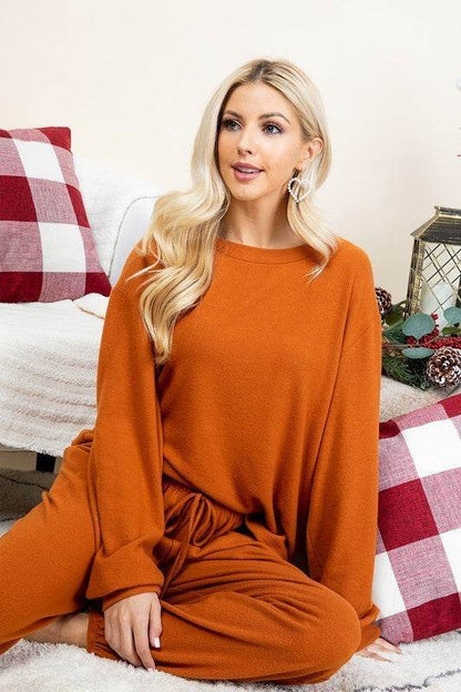 Super Lady Full Size Fuzzy Hacci Brush Round Neck Top and Pants Lounge Set - Velveta Studio