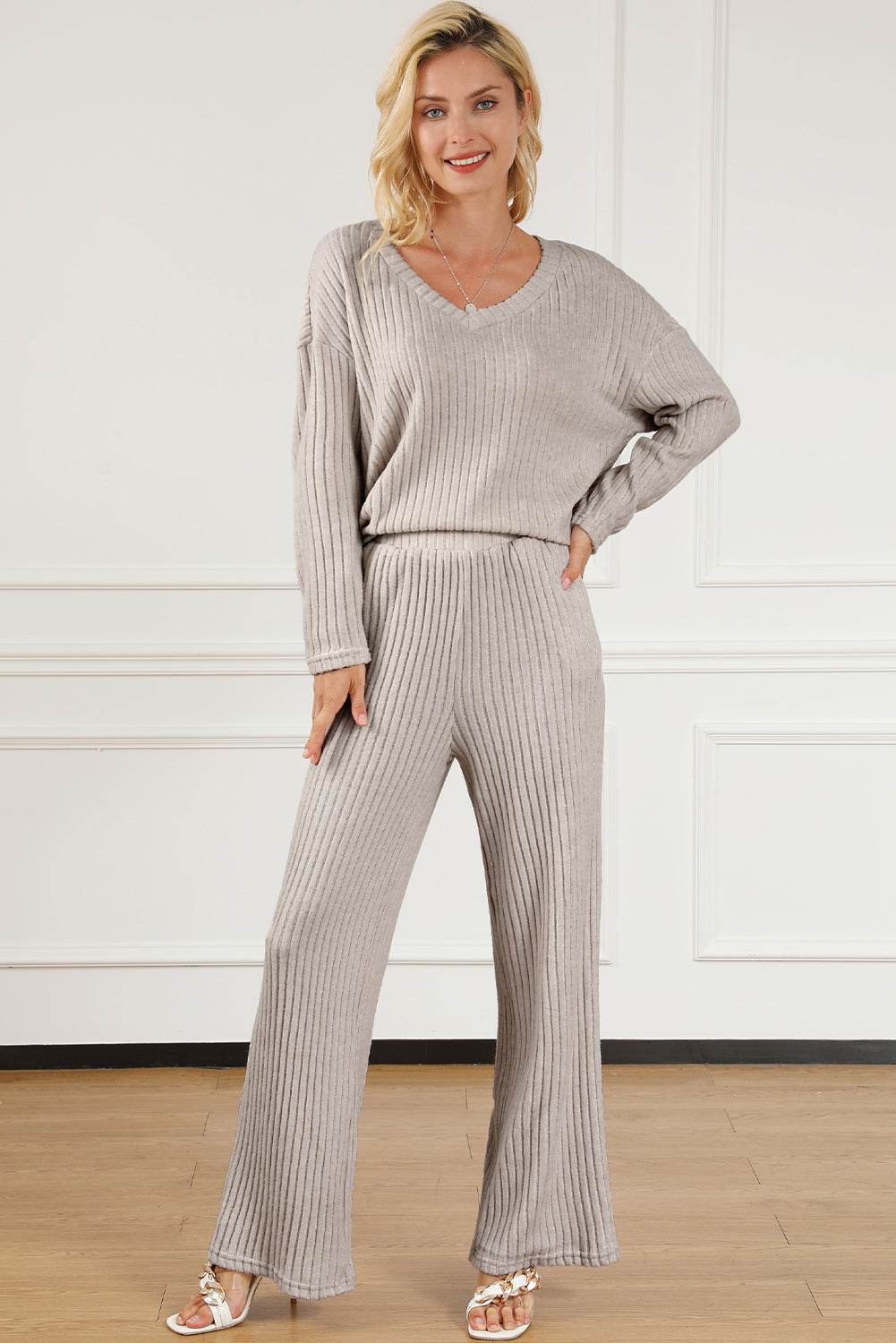Ribbed V-Neck Top and Pants Lounge Set - Velveta Studio