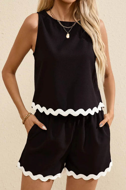 Ricrac Trim Tank Top and Elastic Waist Shorts Set - Velveta Studio