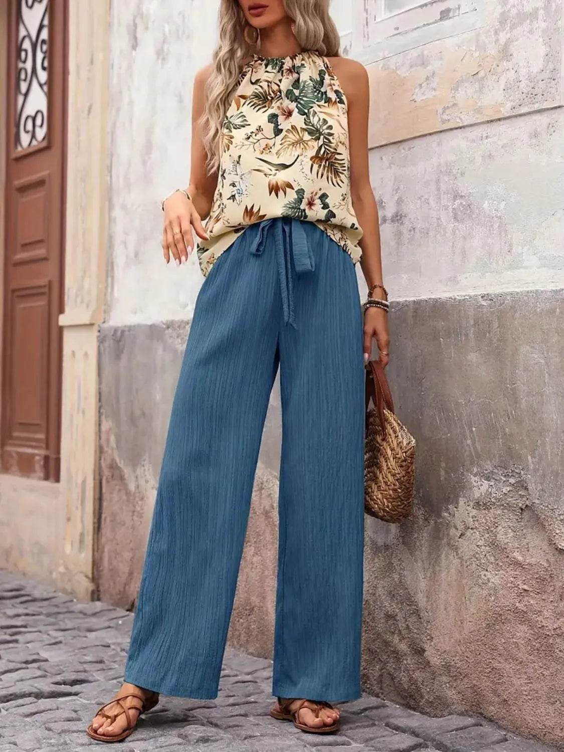 Printed Tank Top and Wide Leg Pants Set - Velveta Studio