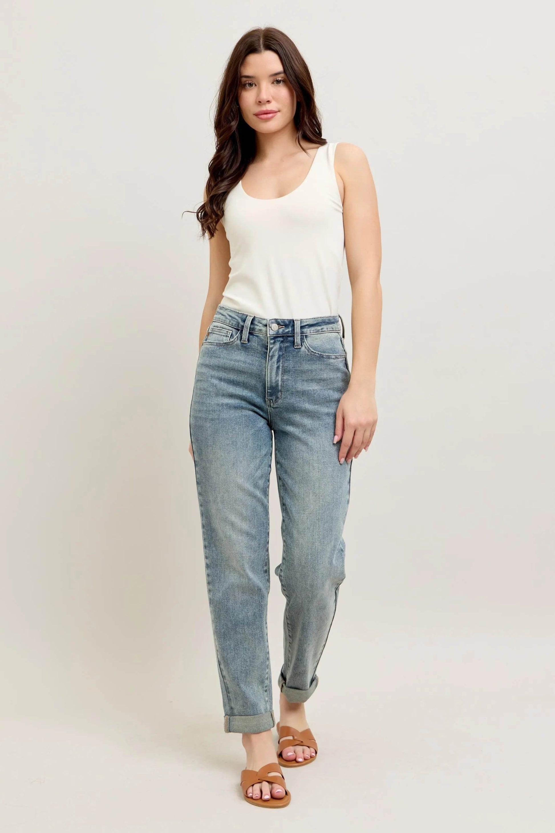 Judy Blue Full Size Hw Vintage Wash Double Roll Cuff Bf Jeans Plus Size - Velveta Studio