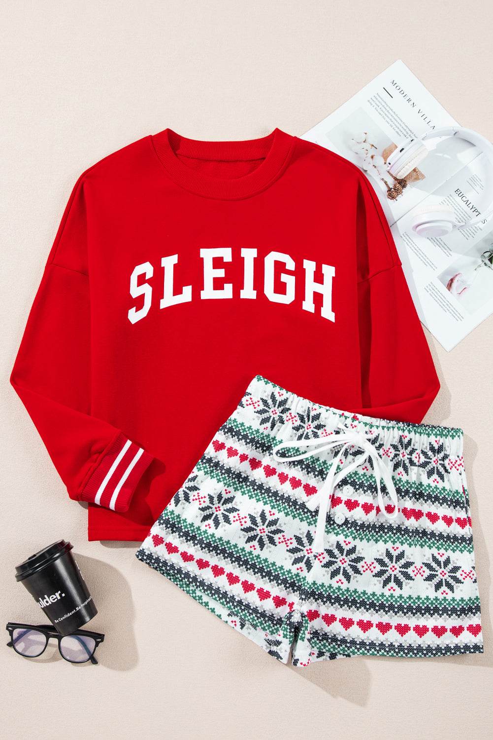 Letter Graphic Round Neck Top and Printed Shorts Lounge Set - Velveta Studio