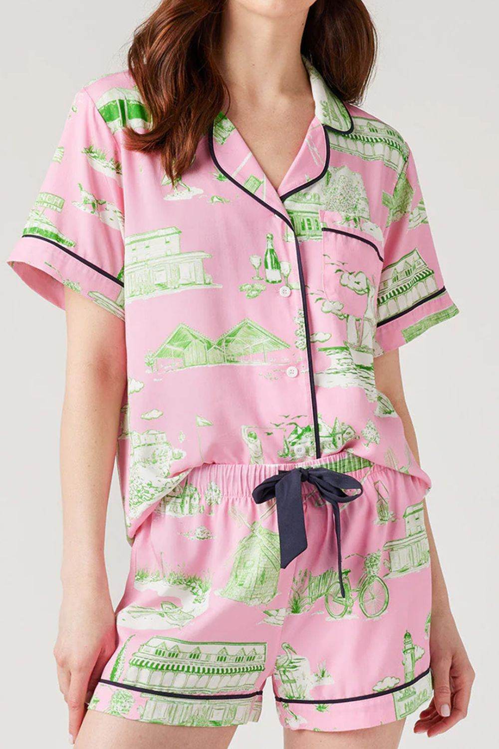 Collared Neck Printed Top and Drawstring Shorts Lounge Set - Velveta Studio