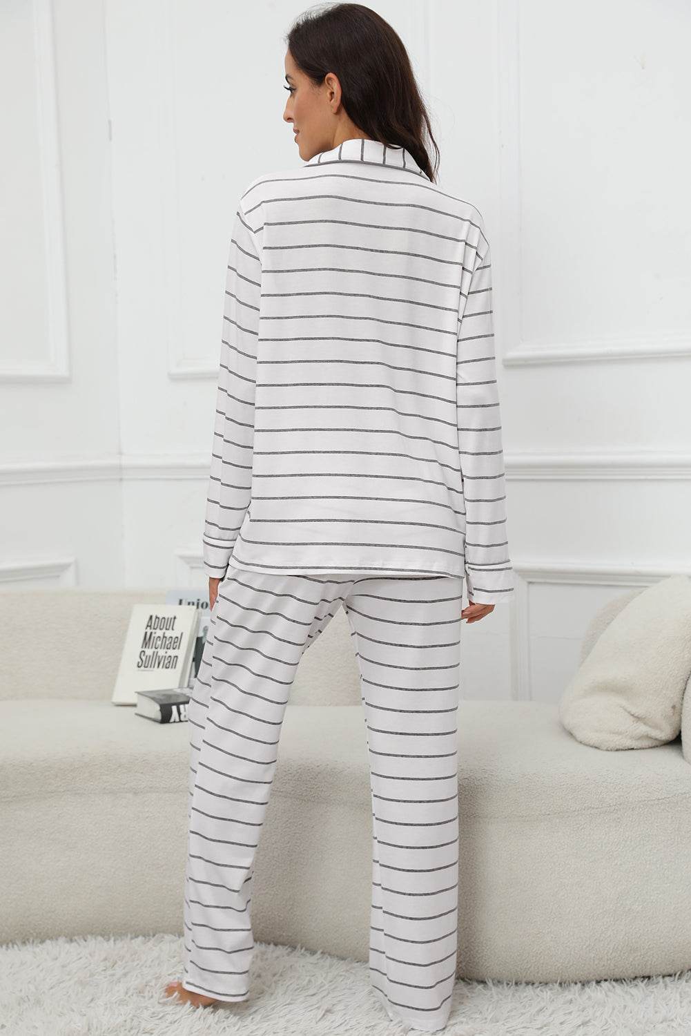 Striped V-Neck Long Sleeve Top and Pants Lounge Set - Velveta Studio