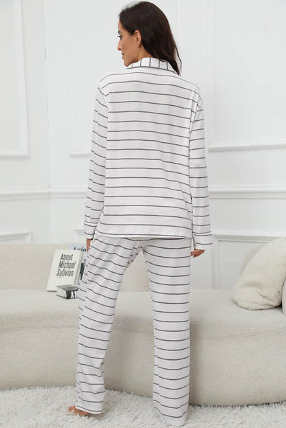 Striped V-Neck Long Sleeve Top and Pants Lounge Set - Velveta Studio