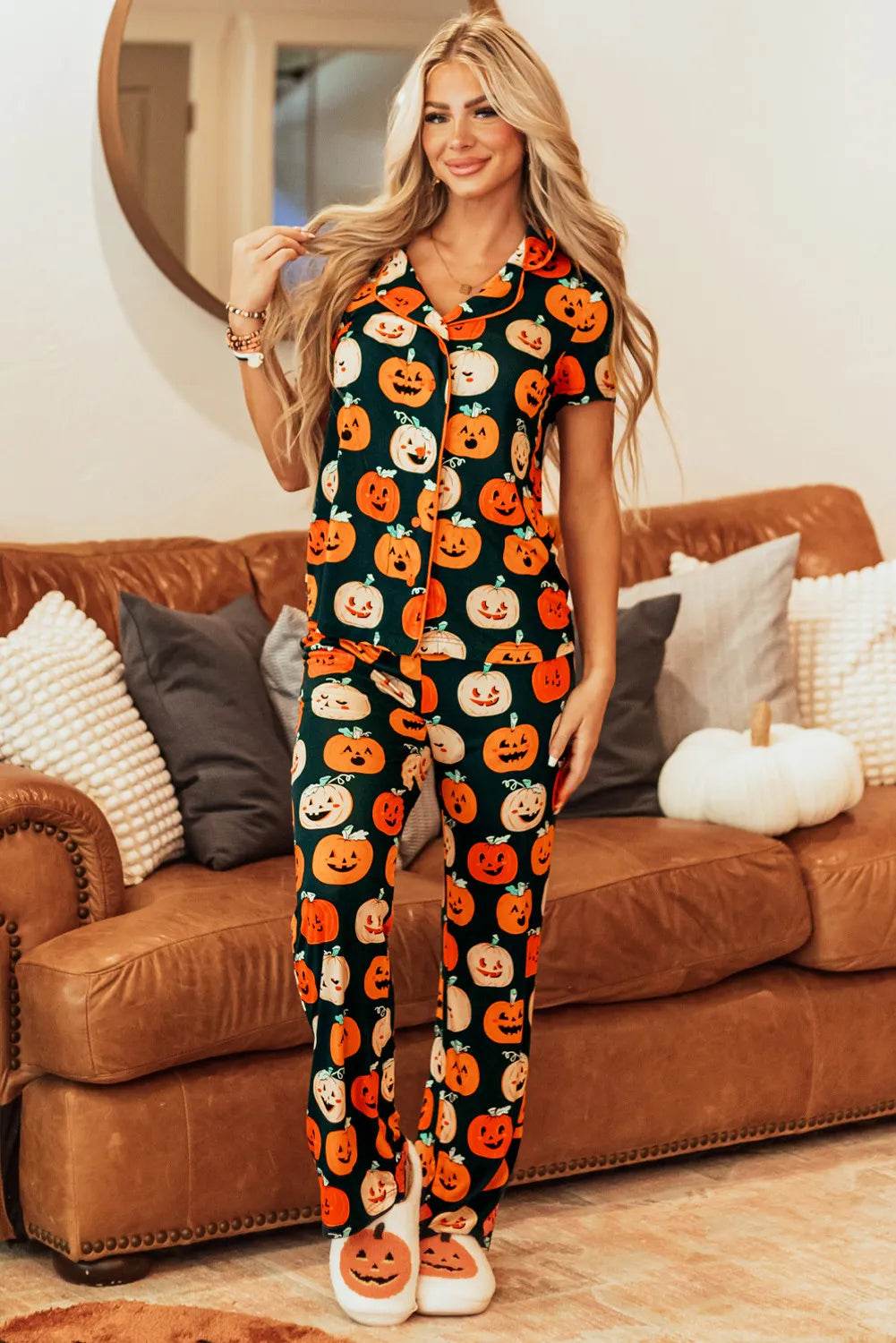 Pumpkin Printed Short Sleeve Top and Pants Lounge Set - Velveta Studio